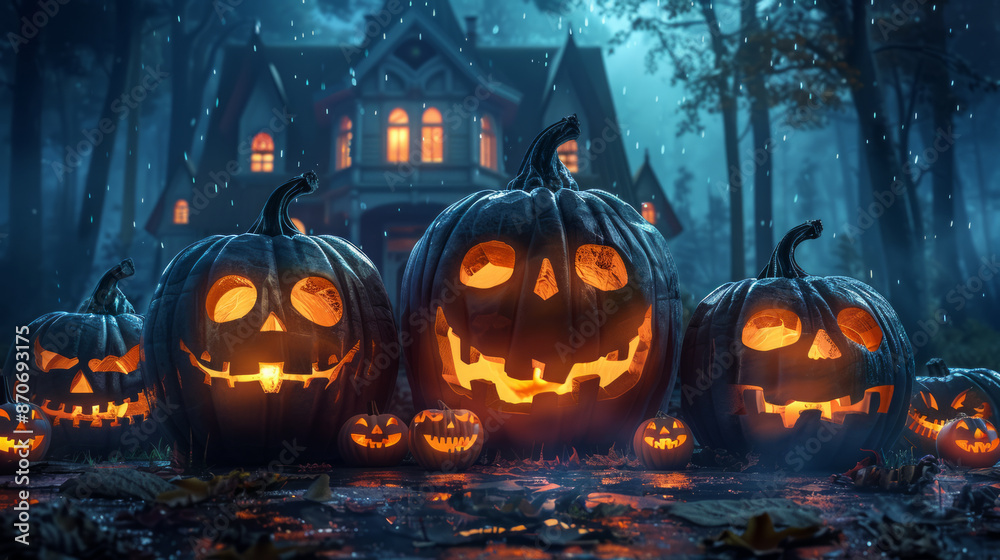 Illustration of Jack-o-lanterns in front of a haunted house on a rainy night. Halloween background with pumpkins and spooky atmosphere concept. Illustration of Jack-o-lanterns in front of a haunted house on a rainy night. Halloween background with pumpkins and spooky atmosphere concept.