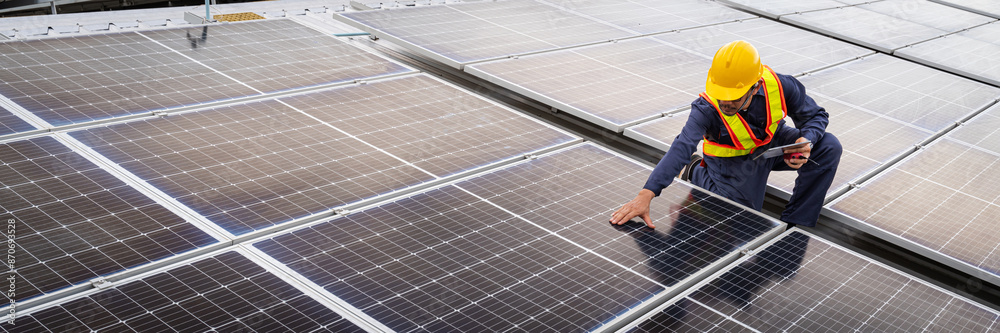 An engineer stands on a modern rooftop, inspecting an array of solar panels. The setting sun casts a warm glow, highlighting the commitment to renewable energy and technological advancement. An engineer stands on a modern rooftop, inspecting an array of solar panels. The setting sun casts a warm glow, highlighting the commitment to renewable energy and technological advancement.
