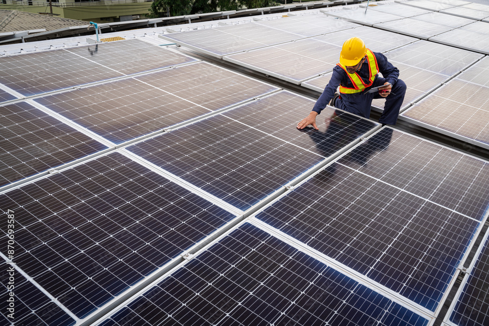 An engineer inspects rooftop solar panels, ensuring they harness the sun, power effectively. An engineer inspects rooftop solar panels, ensuring they harness the sun, power effectively.