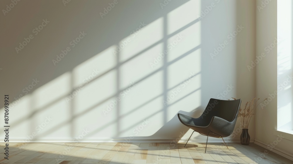 Sunlit minimalist room with black chair and vase in corner Sunlit minimalist room with black chair and vase in corner