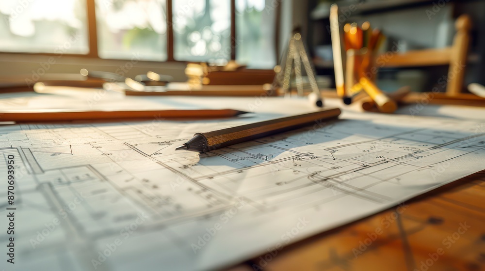 pencils and blueprint of an architectural design, showcasing construction plans and engineering concepts pencils and blueprint of an architectural design, showcasing construction plans and engineering concepts