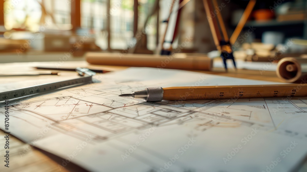 pencils and blueprint of an architectural design, showcasing construction plans and engineering concepts pencils and blueprint of an architectural design, showcasing construction plans and engineering concepts