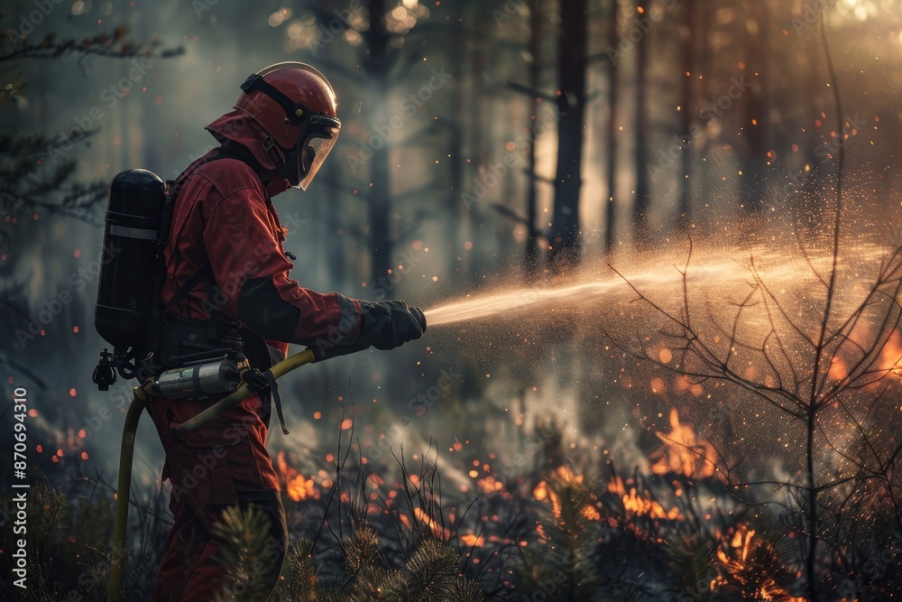 Naklejka premium extinguishing forest fires, firefighter, environmental disaster, wildfire