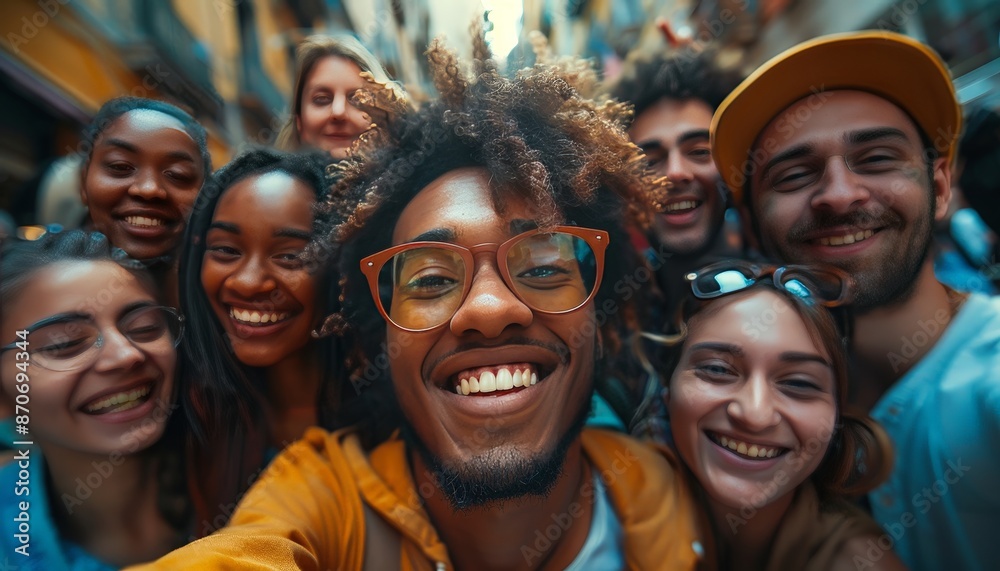 A diverse group of friends taking a selfie, their faces lit up with joy, against a backdrop of a lively city street A diverse group of friends taking a selfie, their faces lit up with joy, against a backdrop of a lively city street