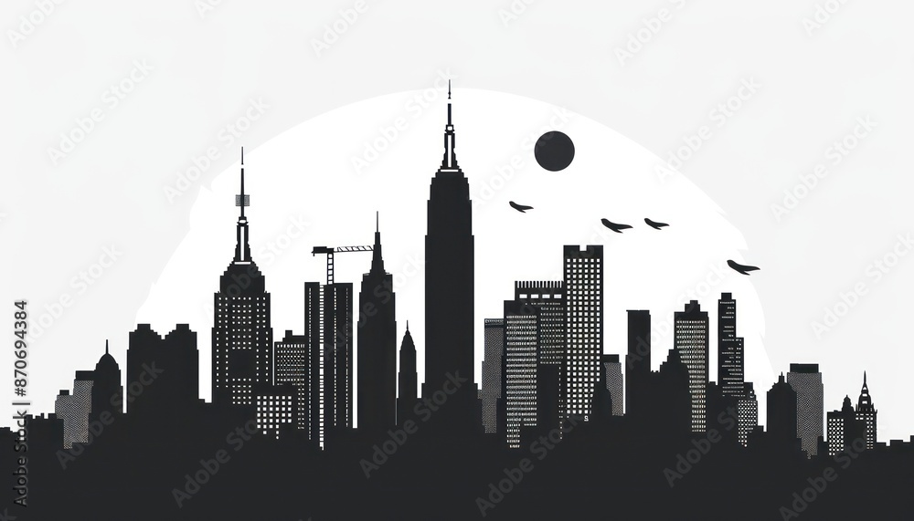 Fototapeta premium Urban skyline with tall buildings and towers against a gradient sky in vector format