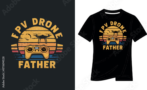 Colorful vintage t-shirt design on the background of a classic sunset and image of a classic drone controller and a flying drone in the distance
