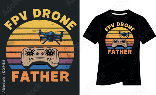 Colorful vintage t-shirt design on the background of a classic sunset and image of a classic drone controller and a flying drone in the distance