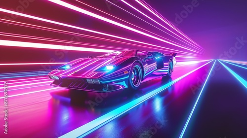 A futuristic car driving on a road with neon lights under a glowing pink sun. © Galib