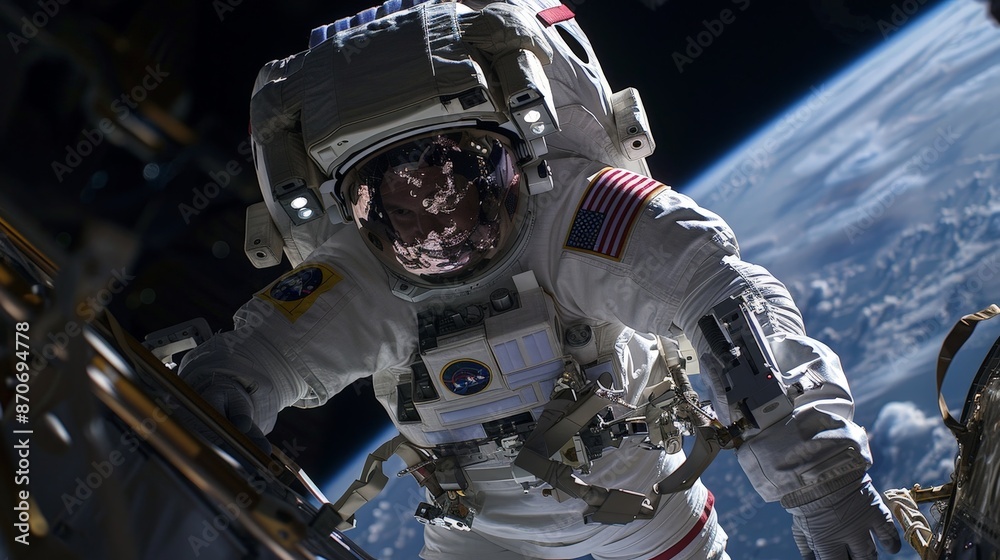 Fototapeta premium Spacewalks offer astronauts a chance to experience the majesty of space firsthand, suspended in the void.