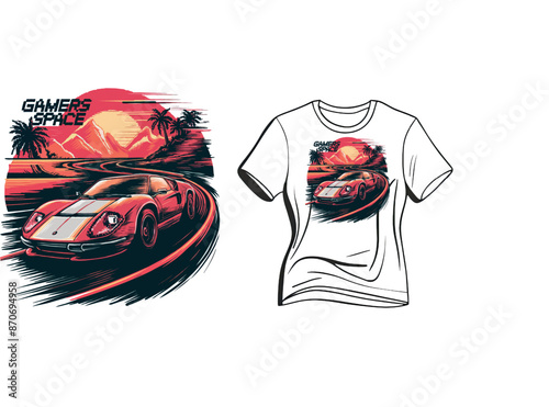 Vector t-shirt design featuring a retro sports car speeding down a winding road on white background