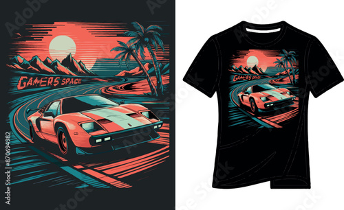 Vector t-shirt design featuring a retro sports car speeding down a winding road on black background