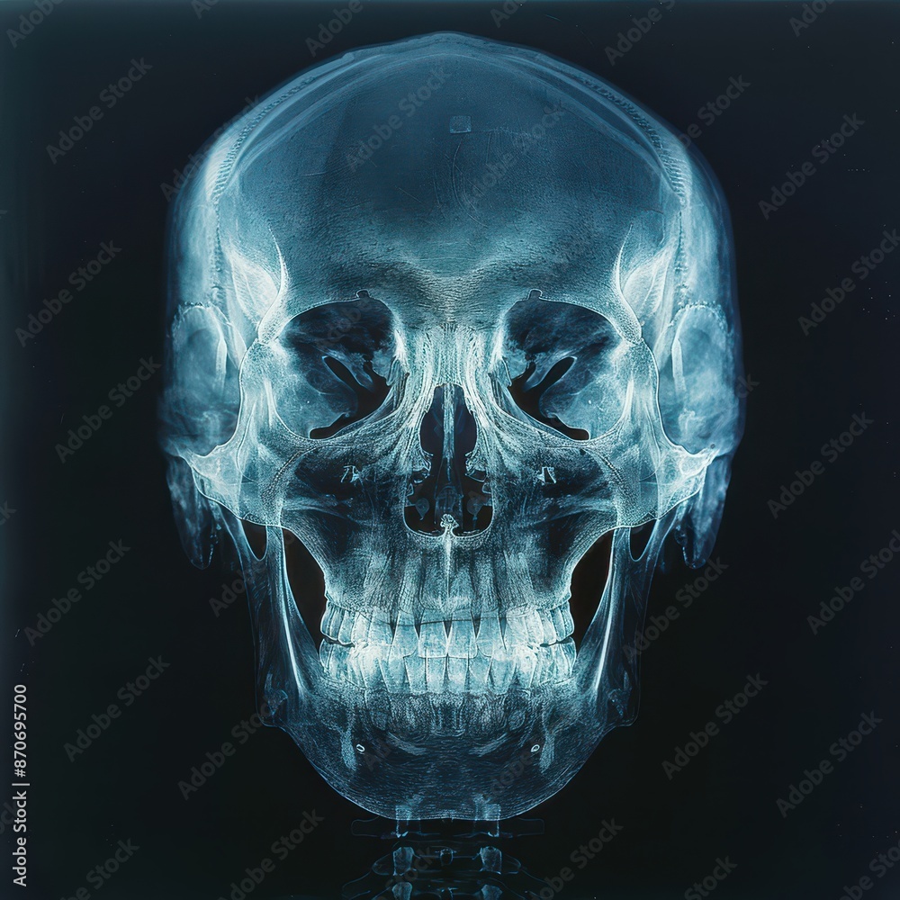 X-ray image showcasing a human skull, detailed view of cranial structure, in a dark background X-ray image showcasing a human skull, detailed view of cranial structure, in a dark background