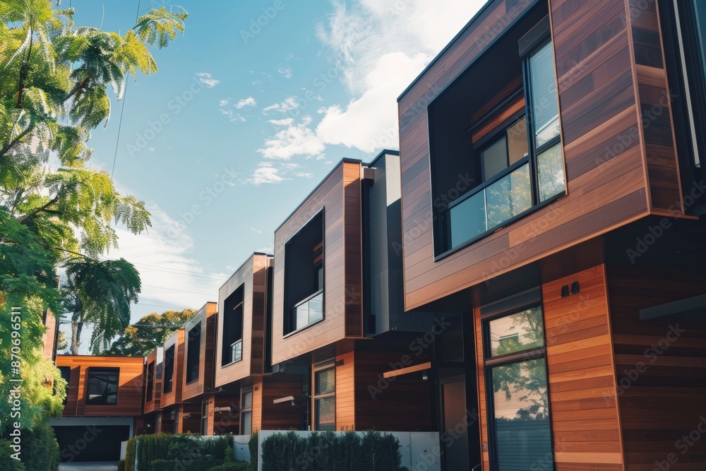 Discover the allure of modern living with a row of stylish townhouses featuring wooden cladding, showcasing innovative residential architecture.