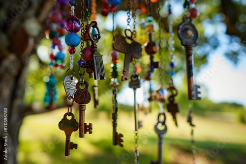 A vibrant outdoor scene with a wind chime made from old keys and colorful beads hanging from a tree branch