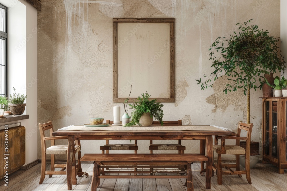 Obraz premium Dive into the rustic charm of a farmhouse-style dining room with a wooden dining table, bench, and chairs against a neutral beige wall, accented by a chic poster frame.