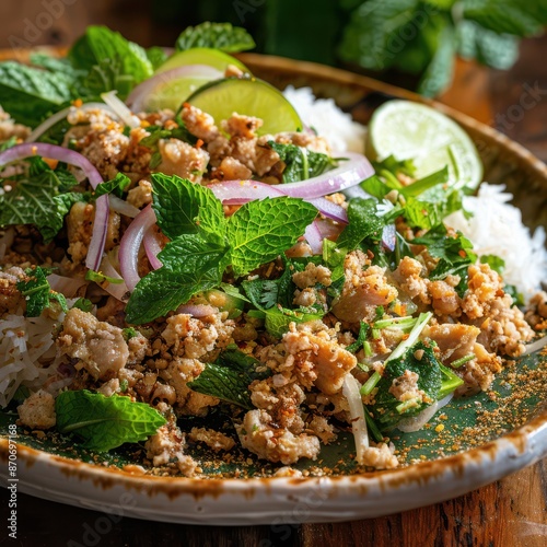 Close-up of a savory plate of larb with minced chicken photo