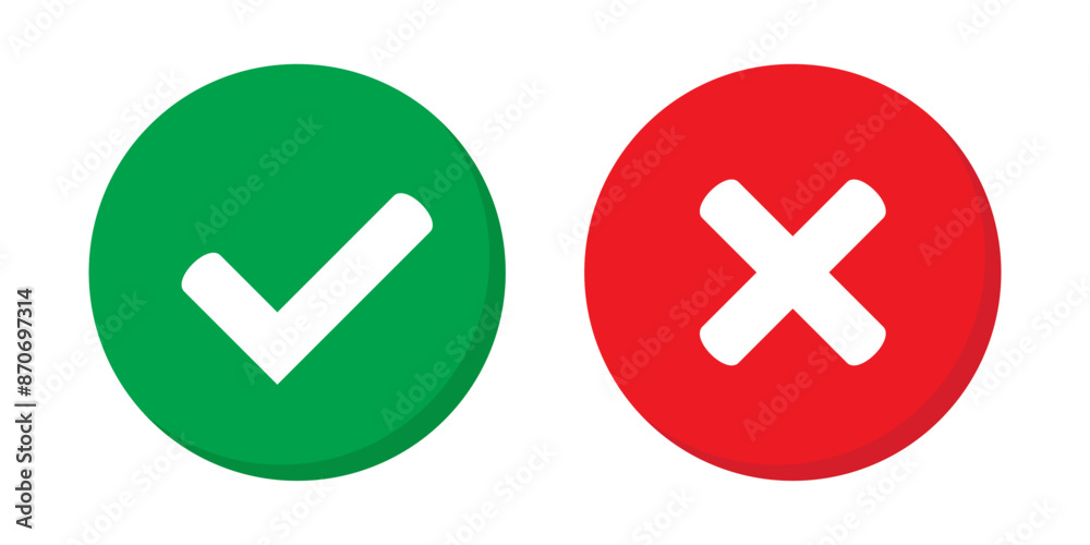 Right or wrong icons. Green tick and red cross checkmarks. Yes or no symbol, approved or rejected icon for user interface. Right or wrong icons. Green tick and red cross checkmarks. Yes or no symbol, approved or rejected icon for user interface.