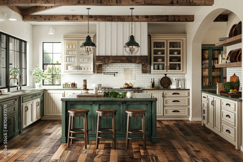 Fototapeta premium Elevate your home with the allure of a farmhouse-inspired kitchen, complete with an island and stools, adorned with green and white cabinets.