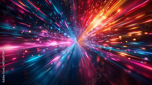 Abstract futuristic background with colorful glowing lights and rays of light, speed motion blur in dark space. Vector illustration design for web banner poster cover presentation or greeting card.