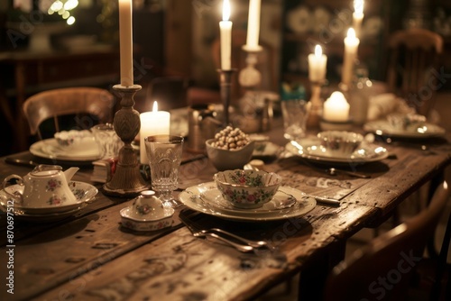 A rustic wooden dining table set with antique China, silverware, and a candlelit ambiance. © Sladjana