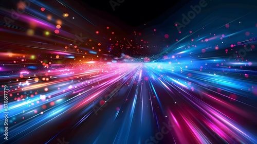 Abstract futuristic background with colorful glowing lights and rays of light, speed motion blur in dark space. Vector illustration design for web banner poster cover presentation or greeting card.