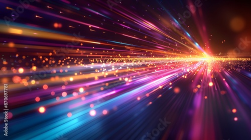 Abstract futuristic background with colorful glowing lights and rays of light, speed motion blur in dark space. Vector illustration design for web banner poster cover presentation or greeting card.