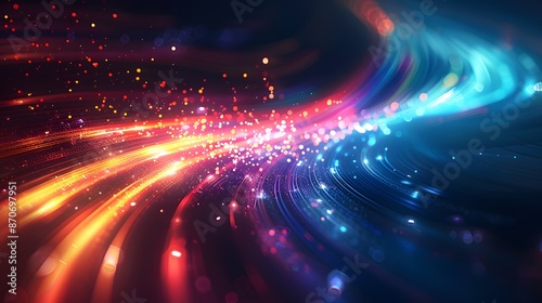 Abstract futuristic background with colorful glowing lights and rays of light, speed motion blur in dark space. Vector illustration design for web banner poster cover presentation or greeting card.