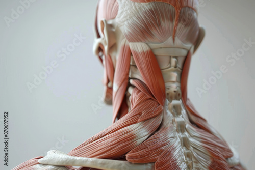 A close up of a person's neck and shoulders with muscles showing. The muscles are pink and white