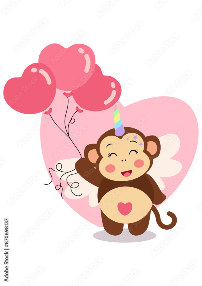 Happy unicorn monkey holding heart balloons Happy unicorn monkey holding heart balloons