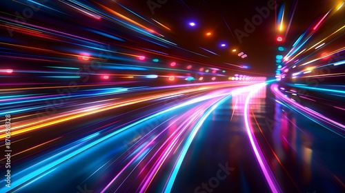 Abstract futuristic background with colorful glowing lights and rays of light, speed motion blur in dark space. Vector illustration design for web banner poster cover presentation or greeting card.
