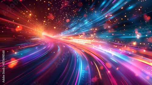 Abstract futuristic background with colorful glowing lights and rays of light, speed motion blur in dark space. Vector illustration design for web banner poster cover presentation or greeting card.