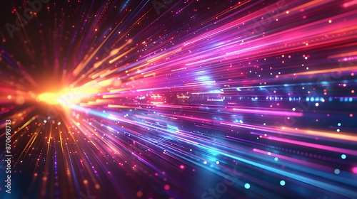 Abstract futuristic background with colorful glowing lights and rays of light, speed motion blur in dark space. Vector illustration design for web banner poster cover presentation or greeting card.