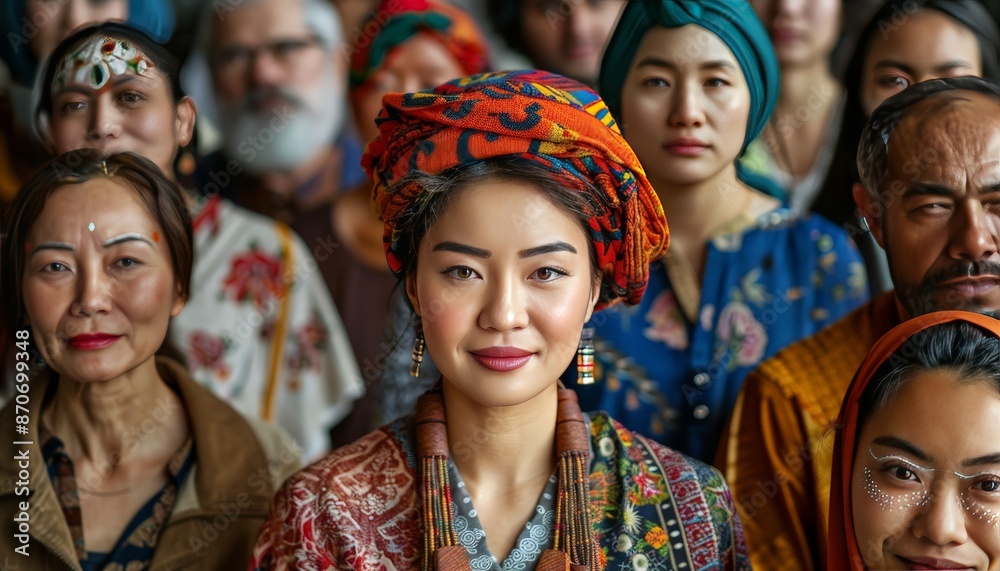A diverse group of people from different cultures and backgrounds standing together, each expressing individuality through traditional clothing and unique expressions A diverse group of people from different cultures and backgrounds standing together, each expressing individuality through traditional clothing and unique expressions
