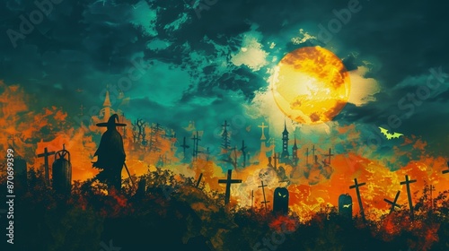 Spooky Halloween Festival Silhouette in Vibrant Digital Art with Bold Colors and Ambient Lighting Seen from High Angle