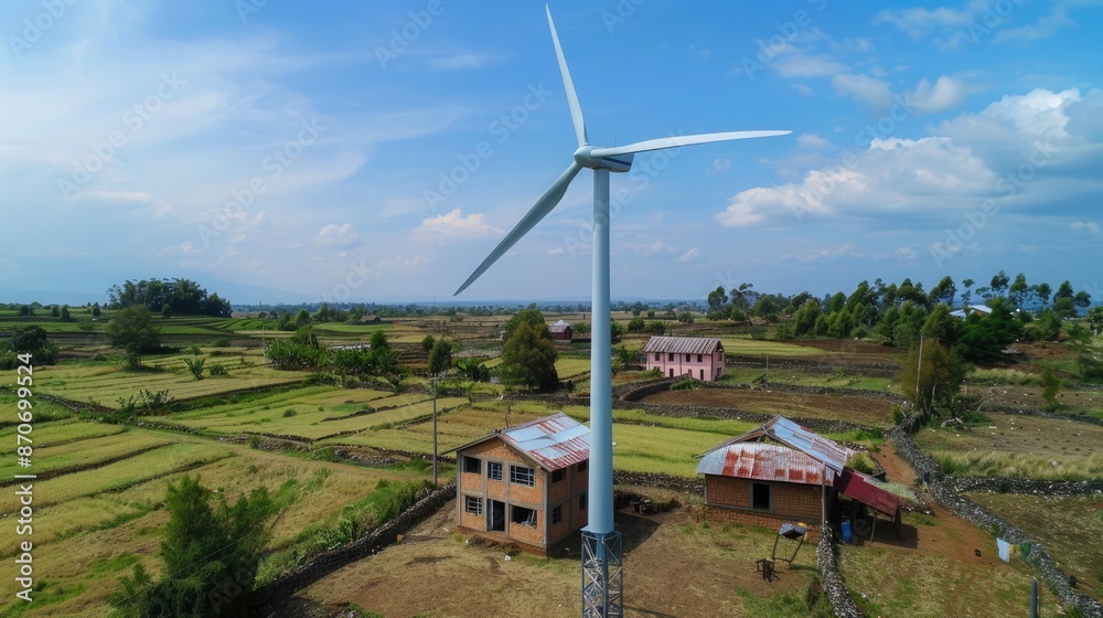 Fototapeta premium A small-scale wind turbine installation in a rural village, providing sustainable energy to off-grid homes.
