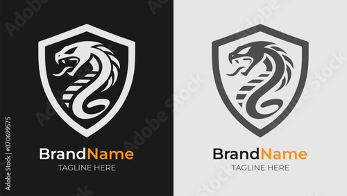 Minimalist Black and White Cobra Emblem Logos with Shield and Tagline. Discover our elegant monochrome cobra logos, perfectly encased in a shield design