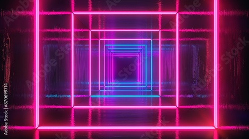 Video with neon effect and rectangle frame line. 4K video animation.