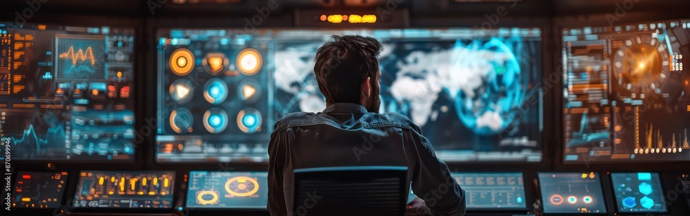 Obraz premium back view, a man is seen using a multi screen computer setup in a contemporary office. The screens show various global business applications and data analytics