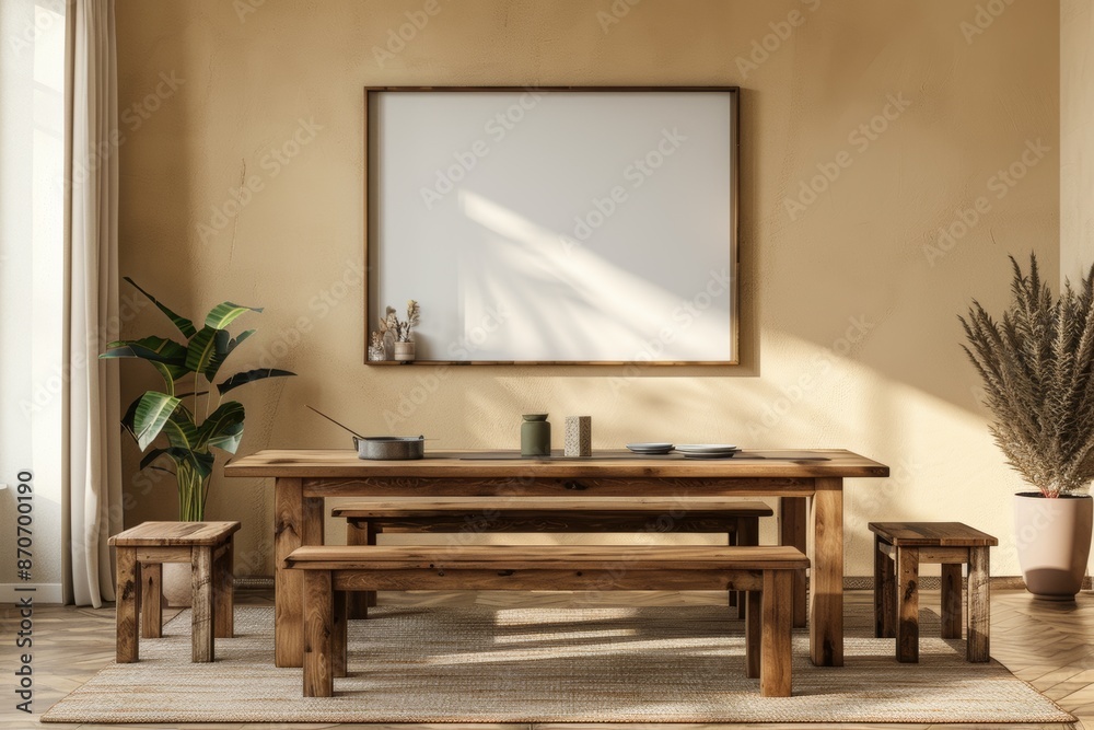 Explore the fusion of farmhouse and boho aesthetics in a modern dining room setting with a wooden dining table, bench, and chairs against a beige wall adorned with a stylish poster frame. Explore the fusion of farmhouse and boho aesthetics in a modern dining room setting with a wooden dining table, bench, and chairs against a beige wall adorned with a stylish poster frame.