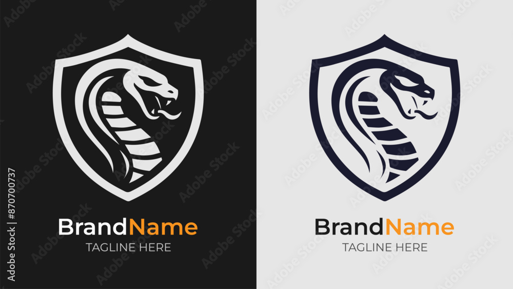 Furious Cobra Logo on Shield. Bold logo with an enraged cobra in monochrome, framed by a shield. Perfect for logos needing a fierce, protective theme Furious Cobra Logo on Shield. Bold logo with an enraged cobra in monochrome, framed by a shield. Perfect for logos needing a fierce, protective theme