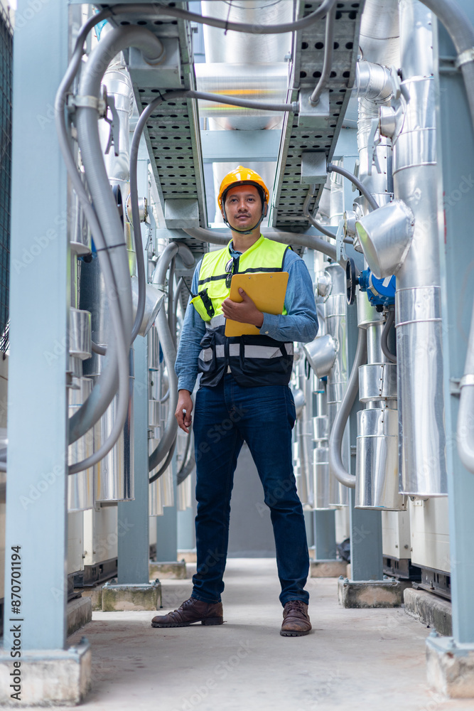 An engineer checks the status of a large AHU air conditioner control valve. An engineer checks the status of a large AHU air conditioner control valve.