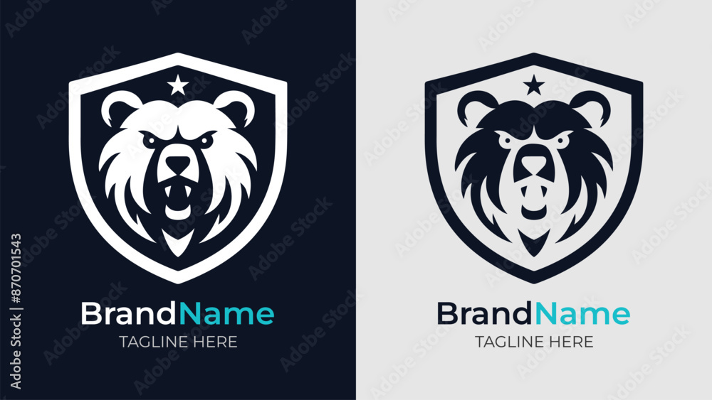 Dynamic monochrome shield logo featuring an angry bear head. Perfect for strong brand identities and sports team logos Dynamic monochrome shield logo featuring an angry bear head. Perfect for strong brand identities and sports team logos