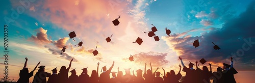 Silhouettes of people wearing graduation caps against the sky at sunset.