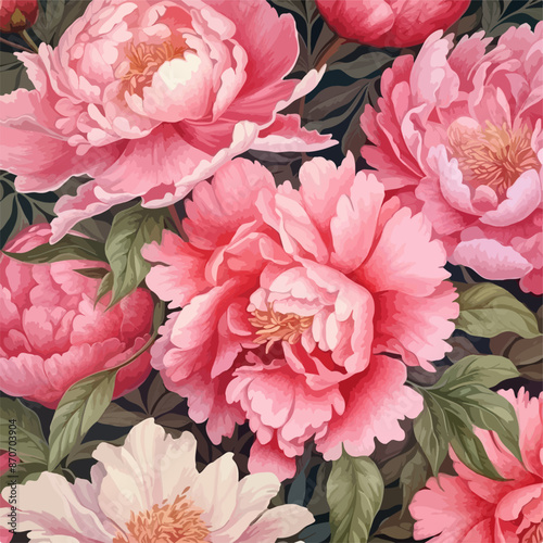 watercolor pink peony flowers seamless background, flower pattern with leaves, vector peony 