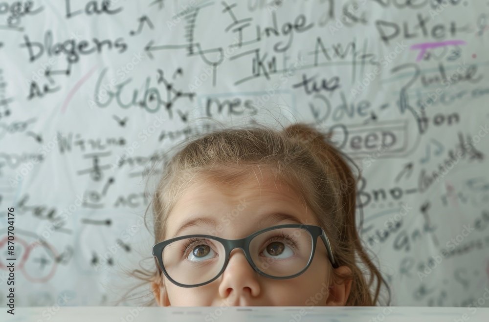 A curious little girl with glasses is peeking over the edge of her desk. A curious little girl with glasses is peeking over the edge of her desk.