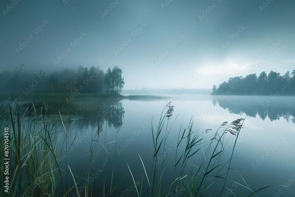 Misty lakeside scene in muted tones with reeds in foreground