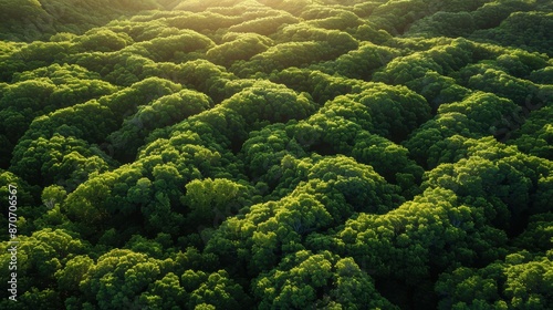 Aerial view of lush green forest with sunlight filtering through, creating an enchanting, captivating natural landscape.