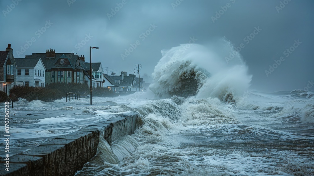 A storm surge crashing over a seawall, flooding a coastal town and threatening seaside buildings.