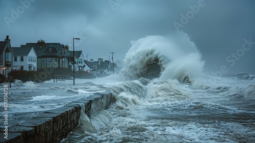 Obraz na płótnie A storm surge crashing over a seawall, flooding a coastal town and threatening seaside buildings. w salonie
