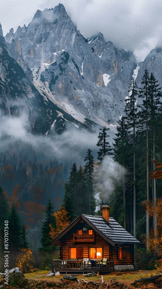 Cozy Rustic Cabin Nestled in Misty Mountain Forest Landscape Cozy Rustic Cabin Nestled in Misty Mountain Forest Landscape